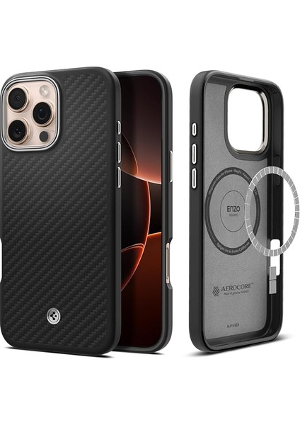 iPhone 16 Pro Max Magsafe Kılıf Enzo Aramid Hava Kanalı Teknolojisi™ Askeri Sınıf Koruma Magfit Black Silver Dokulu Yüzey Kapak - ACS08017