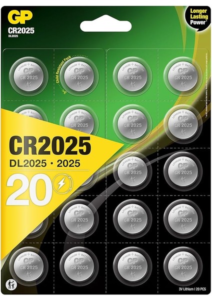 Batteries CR2025 2025 Boy Lityum Düğme Pil, 3 Volt, 20'li Kart, Gri