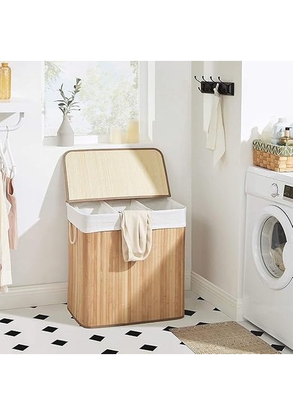 Çamaşır Sepeti, Çamaşır Toplayıcı, Bambudan Yapılmış, Kulplu Çamaşır Sandığı, 3 Bölme, Klipsli Kapak, 150 L, Katlanabilir, Çamaşır Odası, Yatak Odası, Banyo, Doğal Renk LCB091N01 fiyatları