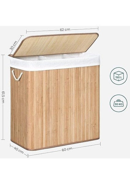 Çamaşır Sepeti, Çamaşır Toplayıcı, Bambudan Yapılmış, Kulplu Çamaşır Sandığı, 3 Bölme, Klipsli Kapak, 150 L, Katlanabilir, Çamaşır Odası, Yatak Odası, Banyo, Doğal Renk LCB091N01 fırsatları