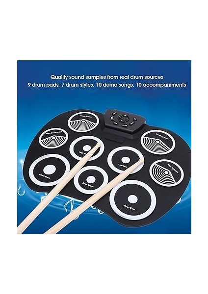 Bateri Seti, Roll Up Davul Pedi, 9 Alıştırma Pedi 3,5 mm Jack Silikon 7 Ton 10 Ritim Elektrikli Davul, Çocuklar Için 10 Demo Şarkı modelleri