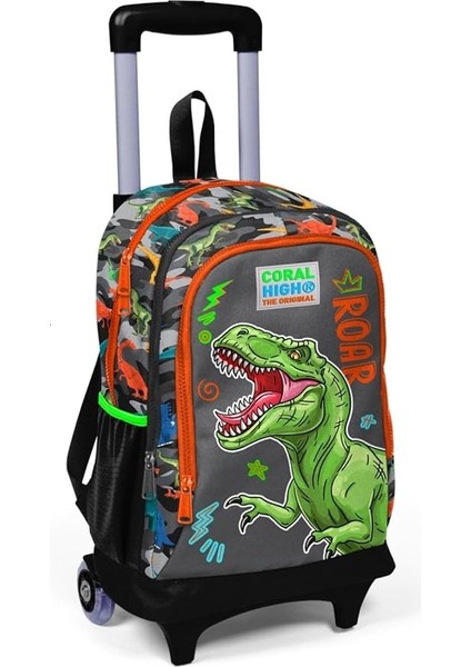 High Işıklı Tekerlekli Dinazor Kamuflaj Çekçek Okul ve Seyahat Çantası Erkek Çocuk Gri