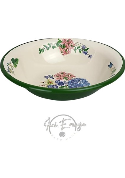 Emaye Kase, Çukur Tabak, Çorba Kase, Salata Kasesi, Bowl 32CM (Yeşil Yasemin)