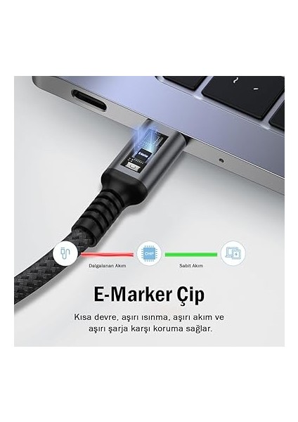 Şarj ve Veri Aktarım Kablosu 20V5A, Type C'den Type C'ye, 100W, Çift Kat Örgülü (Gri, 2 Metre) modelleri