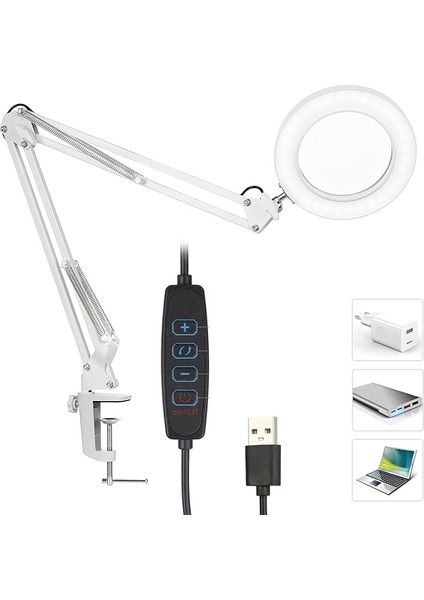 Hareketli 8x Büyüteçli LED Işıklı Masa Çalışma Lambası - Mengeneli (Beyaz)