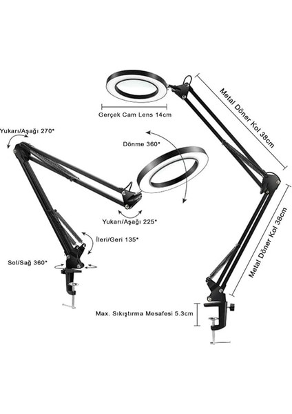 Hareketli 8x Büyüteçli LED Işıklı Masa Çalışma Lambası - Mengeneli (Beyaz) fiyatları