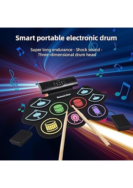 Elektronik Davul Seti El Rulo Davul Seti Vurmalı Çalgı 9 Ped Bt Sopalarla Harici Ayak Pedalı Mıdı Arayüzü Hoparlör Tatil Doğum Günü Hediyesi Renkli Uygulama Pedi Bateri Seti fırsatları