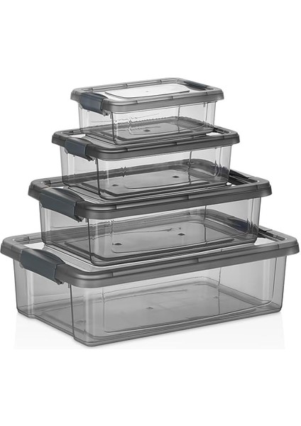 4'lü Kilitli Plastik Saklama Kabı Seti, Iç Içe Kilitli Plastik Erzak Saklama Kabı | Iç Içe Istiflenebilir, Yer Tasarrufu (Gri)