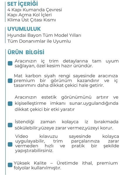 Design Hyundai Bayon ile Uyumlu Iç Trim Folyo Kaplama Set Ayna Katlama Butonsuz, Mat Karbon Siyah fiyatları