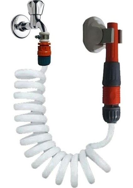 Spiral Sulama Hortumu ve Ayarlı Lans Seti Yerli 5 Metre (Beyaz)