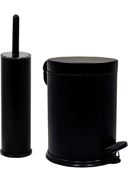 Eko Serisi Ayak Basmalı Özellikli 2'li Banyo Seti 3 Litre Çöp Kovası ve Kolozet Fırçası Paslanmaz Siyah