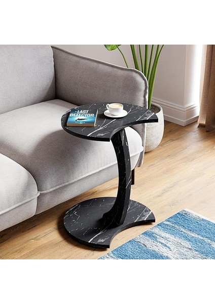 Jet Tekerlekli C Sehpa Koltuk Sehpası Yan Sehpa Zigon Sehpa Servis Sehpası - Siyah Mermer Desen