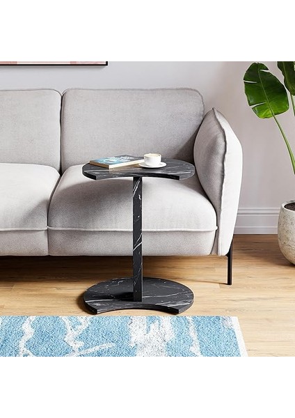 Jet Tekerlekli C Sehpa Koltuk Sehpası Yan Sehpa Zigon Sehpa Servis Sehpası - Siyah Mermer Desen fırsatları