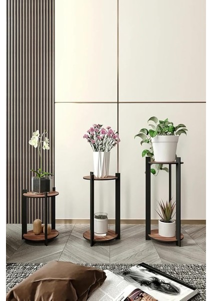 Çiçeklik Saksılık – Yuvarlak Tasarımlı, Safir Meşe Renkli, Farklı Yüksekliklerde Ahşap Bitki Standı, Salon Balkon ve Ofis Kullanımı Için Dekoratif Saksı Sehpası Seti