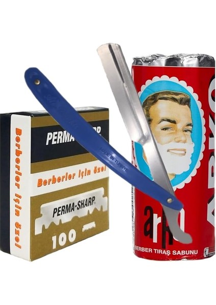 Sharp Berber Jileti 100'LÜ Paket, Arko 75G Tıraş Sabunu, Ali Bıyıklı Ustura Seti
