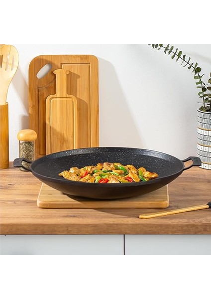 Çok Amaçlı Granit Pişirme Tavası -Çift Yönlü Döküm Sac Kavurma Gözleme Tavası- 34 cm Siyah
