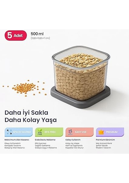 Life Tower Premium Saklama Kabı Seti 5 Adet 0,5 L Şık Görünüm ve Günlük Kullanım (Antrasit) fırsatları
