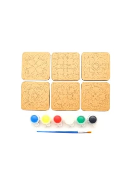 Ahşap Boyama Mandala Temalı 6'lı Kare Bardak Altlığı Hobi Seti