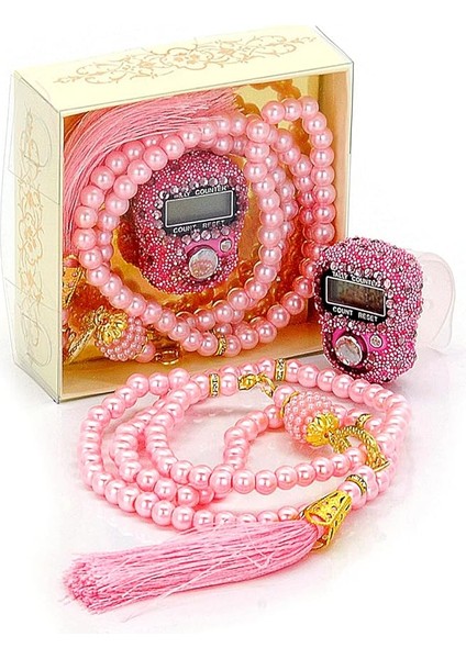 Online Taşlı Zikirmatik - Inci Tesbihli Hediyelik Set - Pembe Renk