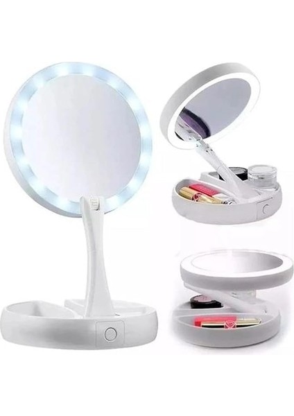 LED Işıklı 10X Katlanabilir Çift Taraflı USB Makyaj Aynası