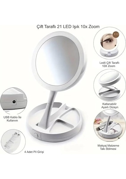 LED Işıklı 10X Katlanabilir Çift Taraflı USB Makyaj Aynası fiyatları