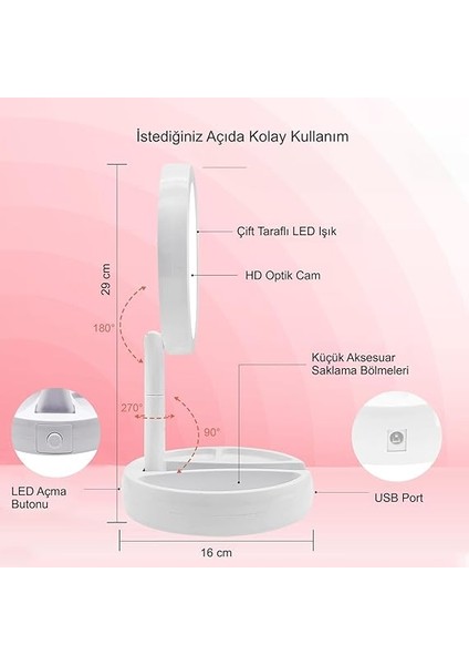 LED Işıklı 10X Katlanabilir Çift Taraflı USB Makyaj Aynası modelleri