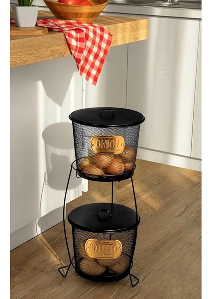 2 Katlı File Çelikten Üretilmiş Standlı Patates Soğan Kovaları, 2'li Metal Patates Soğanlık (Siyah)