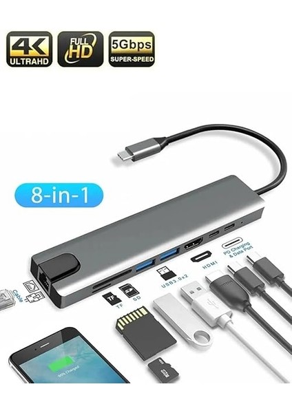 Macbook Pro Uyumlu Huawei Dell ile Uyumlu Type C To 4K HDMI + USB 3.0 + Sd/tf + Pd + Type-C USB Type-C Hub Dönüştürücü 8 In 1 Çoklayıcı - Ethernet - Çevirici USB C Adaptör Leerfei 8 Port indirimleri