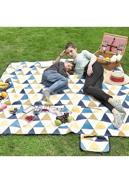 Piknik Örtüsü, 300 x 200 Cm, Büyük, Kamp Örtüsü, Park, Bahçe, Plaj Için, Su Geçirmez, Makinede Yıkanabilir, Katlanabilir, Sarı ve Mavi Üçgenler GCM073Q01 fiyatları