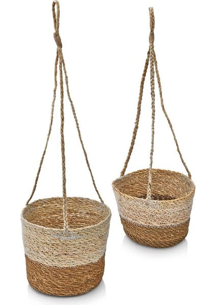 2'li Asılabilir El Yapımı ve Doğal Çift Renk Yuvarlak Hasır Saksılık Seti, 2'li Ipli Asılabilir Hasır Yuvarlak Saksı Seti (23CM*18CM-20CM*15CM)