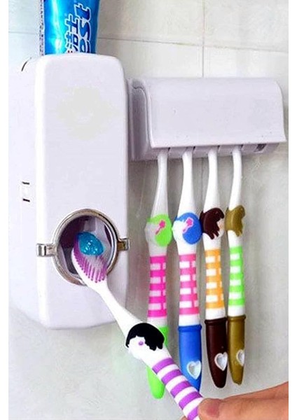 Otamatik Diş Macunu Sıkacağı ve 5 Adet Diş Fırçalığı Macun Sıkacak Diş Fırçası Banyo Askı Seti