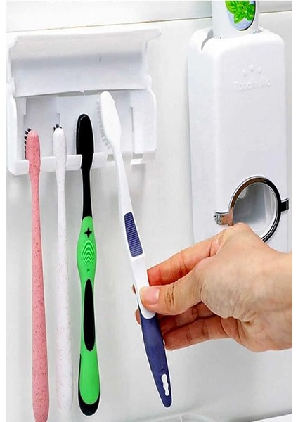 Otamatik Diş Macunu Sıkacağı ve 5 Adet Diş Fırçalığı Macun Sıkacak Diş Fırçası Banyo Askı Seti indirimleri
