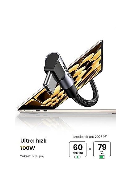 Type-C To Type-C 100 W 5A Örgülü 90 Derece Şarj Kablosu 2 Metre fiyatları