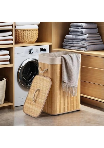 El Yapımı Hasır Katlanır Çamaşır Sepeti Dikdörtgen 72 Litre (40CM*30CM*61CM), Doğal Malzemeden Üretilmiş Çamaşırlık, Bambu Kirli Çamaşır Sepeti