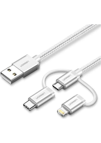 3'ü 1 Arada Ios Lightning Type-C Micro USB Şarj ve Data Kablosu Gümüş 1 Metre