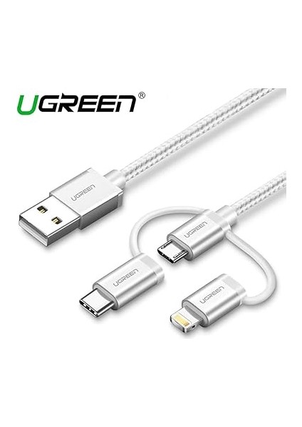 3'ü 1 Arada Ios Lightning Type-C Micro USB Şarj ve Data Kablosu Gümüş 1 Metre fiyatları