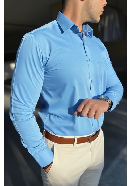 Klasik Fit Geniş Kesim Tek Cepli Kolay Ütülenebilen Mevsimlik Uzun Kollu Düz Renk Erkek Gömlek