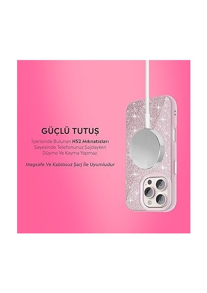iPhone Kılıf M-Safe Şarj Özellikli Parlayan Simli Sararmaz Kılıf (Pembe, iPhone 16 Pro Max) modelleri
