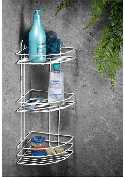 Haus Ömür Boyu Paslanmaz Yapışkanlı Banyo Köşeliği Düzenleyici Şampuanlık Duş Rafı Beyaz Ek-03