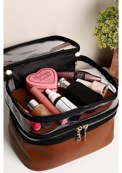 Taba Deri Kadın Makyaj Çantası Şeffaf Pratik Şık Çift Bölmeli Fermuarlı Kozmetik Makyaj Organizeri fırsatları