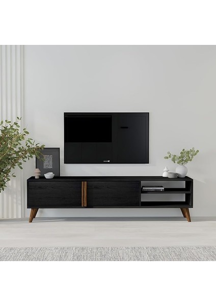 Dolaplı, Raflı Tv Sehpası, Oturma Odası Tv Ünitesi, Ahşap Siyah