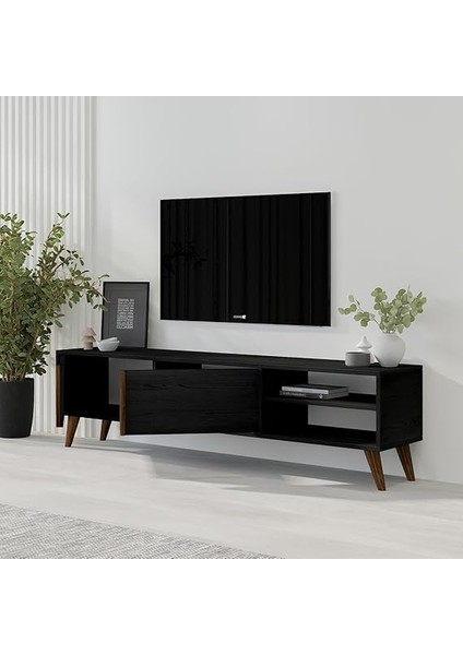 Dolaplı, Raflı Tv Sehpası, Oturma Odası Tv Ünitesi, Ahşap Siyah fırsatları