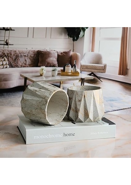 Yapımı,dekoratif Lüx Saksı,orta Boy Ikili Set, Dekoratif Mermer Desenli Beton Saksı 2 Adet, Ev ve Ofis Saksısı indirimleri