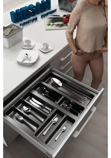 Mutfak Çekmece Içi Düzenleyici, Kaşıklık 54CM x 48CM Yanlar ve Boydan 4cm Kesilebilir, Antrasit