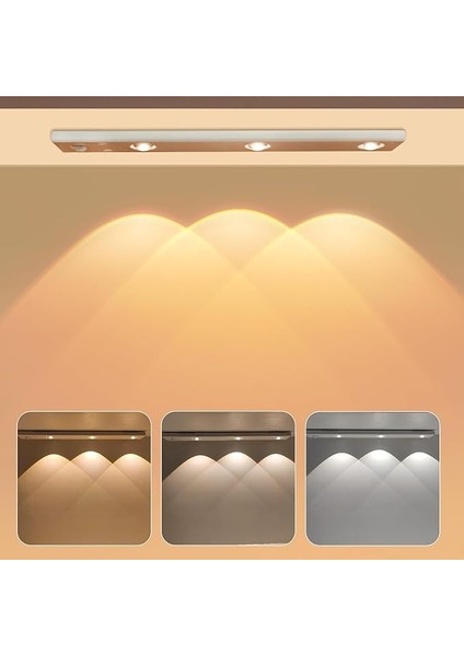 3 Led'li Şarjlı Dolap Altı Aydınlatma, Hareket Sensörlü, 3 Modlu, Yapışkanlı, Delme Gerektirmez, Slim Beyaz Kasa, Dekoratif, Kısılabilir Gece Lambası, Gardırop, Dolap, Merdiven Lambası 40 cm
