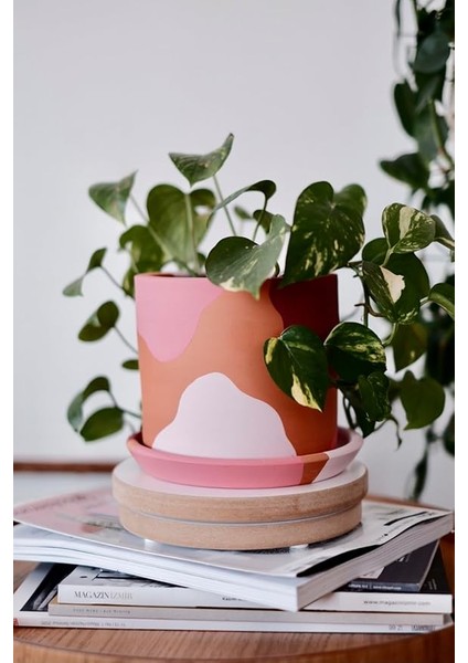 Silindir Saksı+Tabak • Pembenin Tonları (Orta)