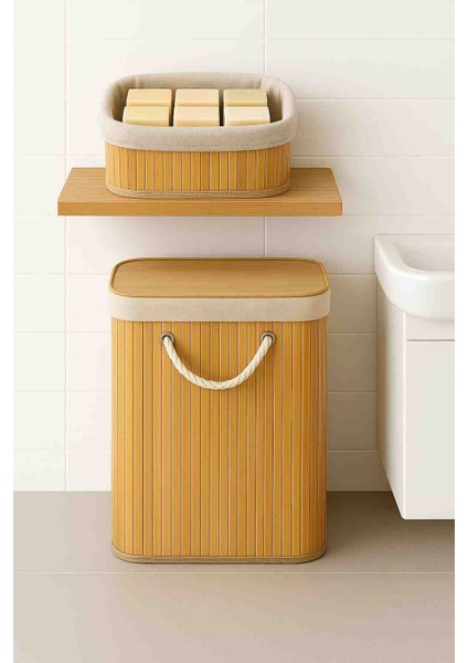 Orjinal Bambu Kare Kirli Sepeti ve Bambu 3 Lü Organizer (Sabunluk Havlu Kozmetik Saklama )