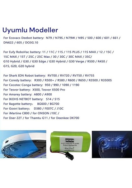 14.4V 2600MAH Robot Süpürgeler Için Uyumlu Pil (Batarya) modelleri