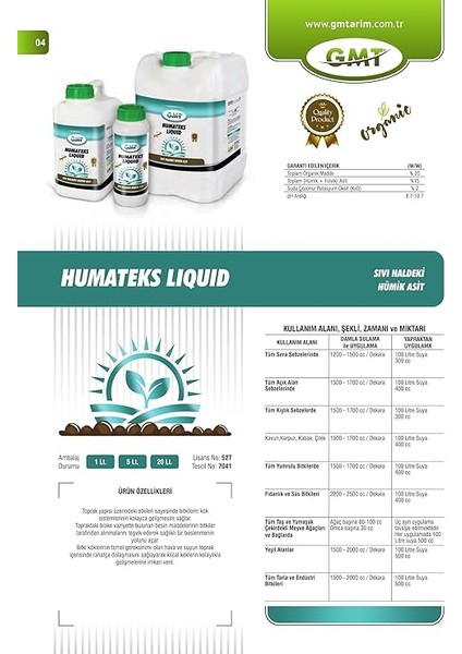 Humateks Liquid 20 Lt (Sıvı Hümik Asit) modelleri