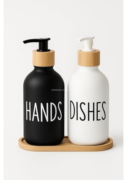 Bulaşık Deterjanlık ve Sabunluk Seti Bambu Tepsili Şık Ikili Set Siyah Beyaz Modern Tasarım Kompozit Malzemeli Mutfak Tezgah Üstü Organizer (Silindir)